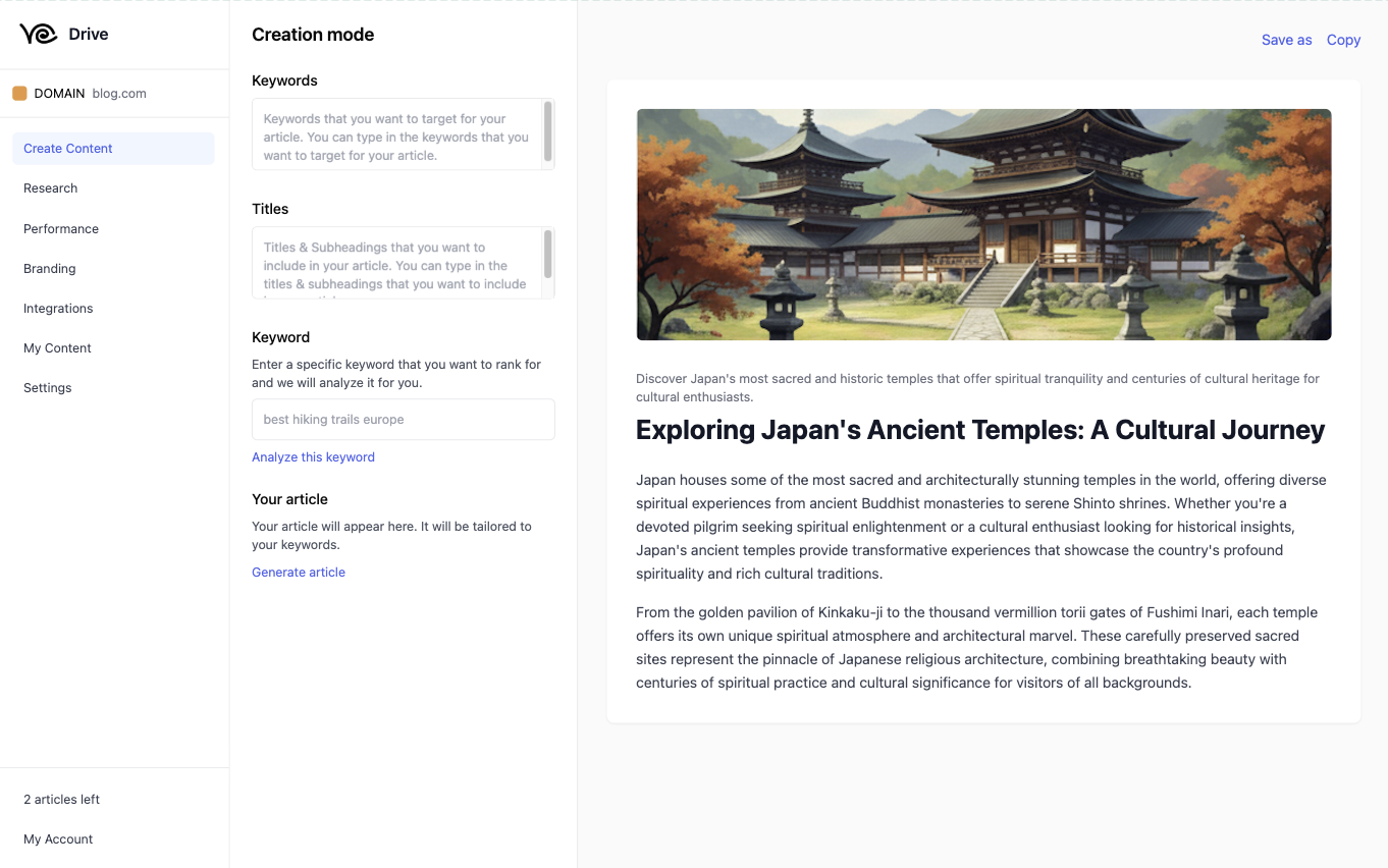 Platform interface preview showing SEO content creation